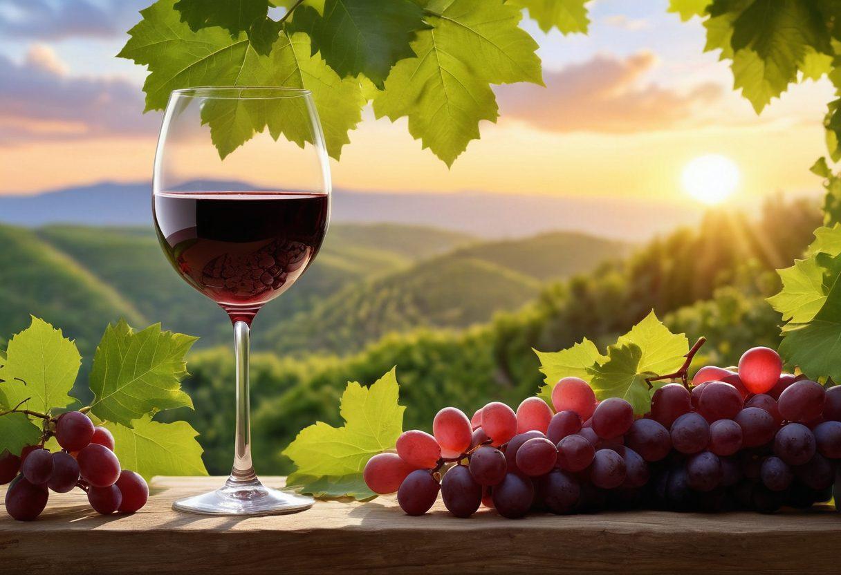 A serene wine glass filled with red wine, surrounded by lush grapes and green leaves, set against a calming sunset backdrop. Include elements symbolizing antioxidants like berries and nuts, and subtle hints of relaxation such as plush pillows and soft lighting. The composition should evoke a feeling of wellness and tranquility. super-realistic. warm tones. natural elements.