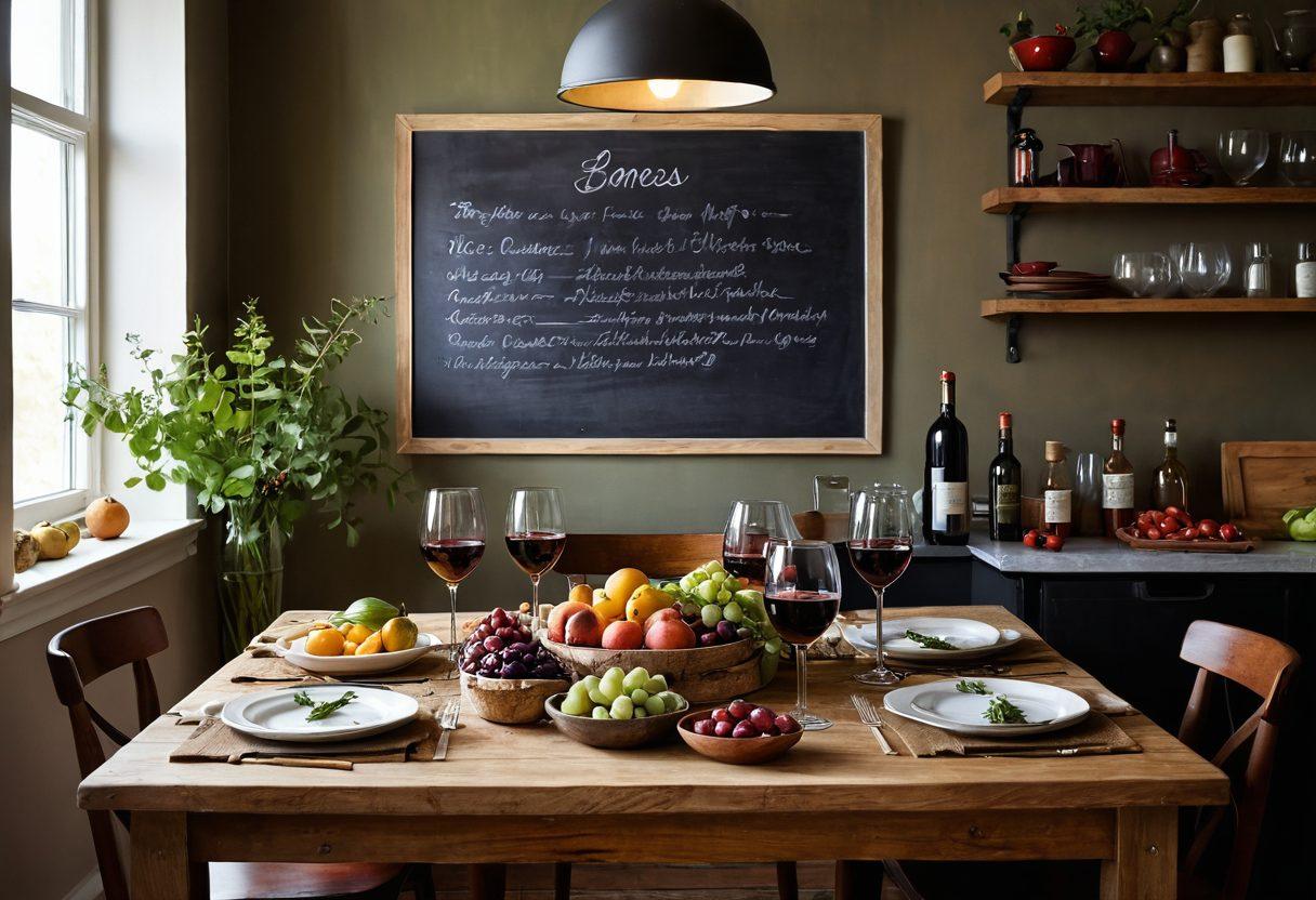 A cozy kitchen scene featuring a wooden table adorned with a variety of vibrant bottles of wine, fresh fruits, and herbs. Include an elegant wine glass half-filled with a rich red wine, alongside a few delicious plates of healthy dishes infused with wine. Soft, warm lighting to create an inviting atmosphere, evoking a sense of relaxation and culinary adventure. botanical accents and a chalkboard with handwritten wine recipe ideas. super-realistic. warm colors. soft focus.