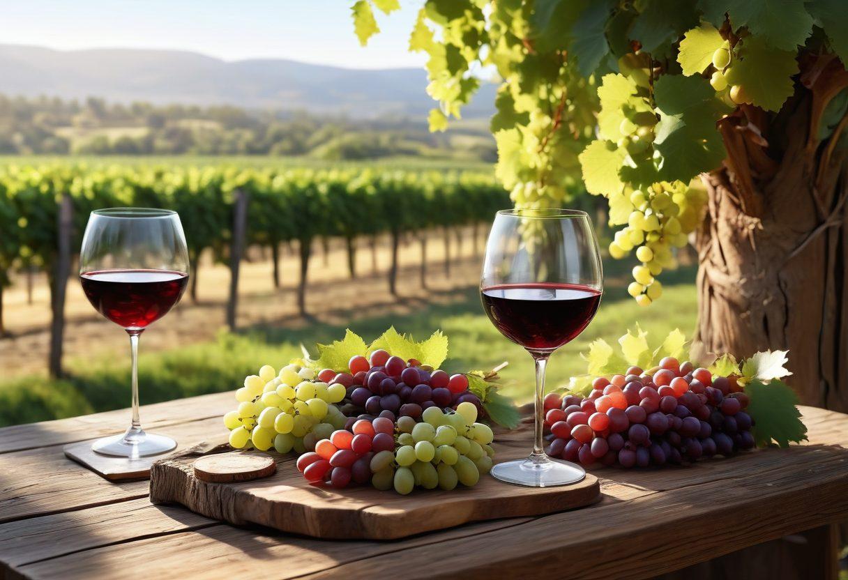 A scenic vineyard landscape showcasing lush grapevines with clusters of red and white grapes, a glass of red wine elegantly resting on a rustic wooden table beside a glass of white wine, sunlight filtering through the leaves creating a warm, inviting glow, and hints of healthy food pairings like cheese and fruits in the foreground. super-realistic. vibrant colors. peaceful atmosphere.